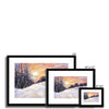 Snowy winter landscape at sunset painting. Fine art prints in black frames with white mount. Landscape format, different sizes