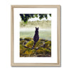 Black cat surveying the misty landscape, painting. Fine art print in a natural frame with white mount