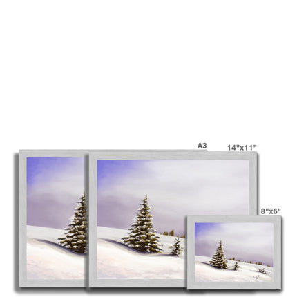 Snowy winter landscape with fir trees, art prints in silver frame. Different sizes