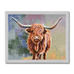 Colourful Highland Cow painting, fine art print in a silver frame.