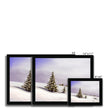 Winter landscape painting with fir trees covered in snow, art prints in black frame. Different sizes