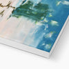 Palm tree set against blue sky and reflecting in clear turquoise water, canvas wall art print. Corner detail