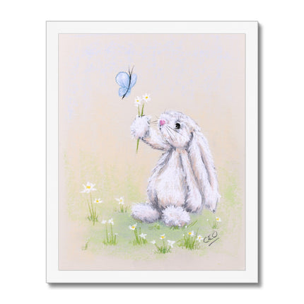 Adorable rabbit, flowers and butterfly painting. Nursery art print in white frame.