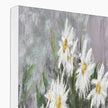 Crazy Daisies eco-friendly canvas art print. Close up of top corner and white wrap.