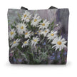 White daisy flowers art shopping tote. Multi coloured.