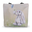 White rabbit, daisies and butterfly, artwork design ladies tote bag.