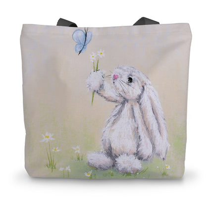 White rabbit, daisies and butterfly, artwork design ladies tote bag.