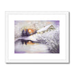 Magical winter sunset over a village pond, snow covered landscape painting as art prints in white frame with white mount