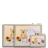 Teddy bear and a white fluffy bunny toy are and Christmas Baubles, fine art prints in natural frames. Different sizes