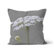 White Queen Anne's Lace flower artwork design throw cushion. Square. Canvas fabric. Grey and White