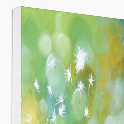 Dandelion seed heads, floral landscape artwork canvas print. Corner detail