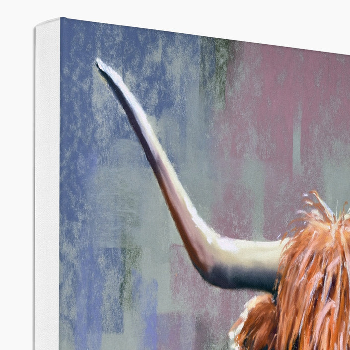 Highland Cow, canvas art print. Close up of top corner and white wrap