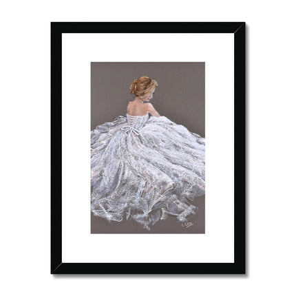 Beautiful woman in a white dress artwork. Fine art print in black frame with white mount