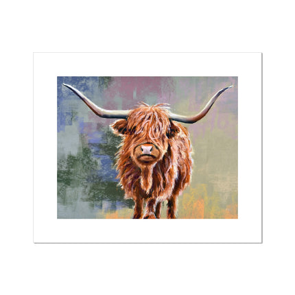 Colourful Scottish Highland Cow painting, eco and vegan-friendly fine art canvas print.