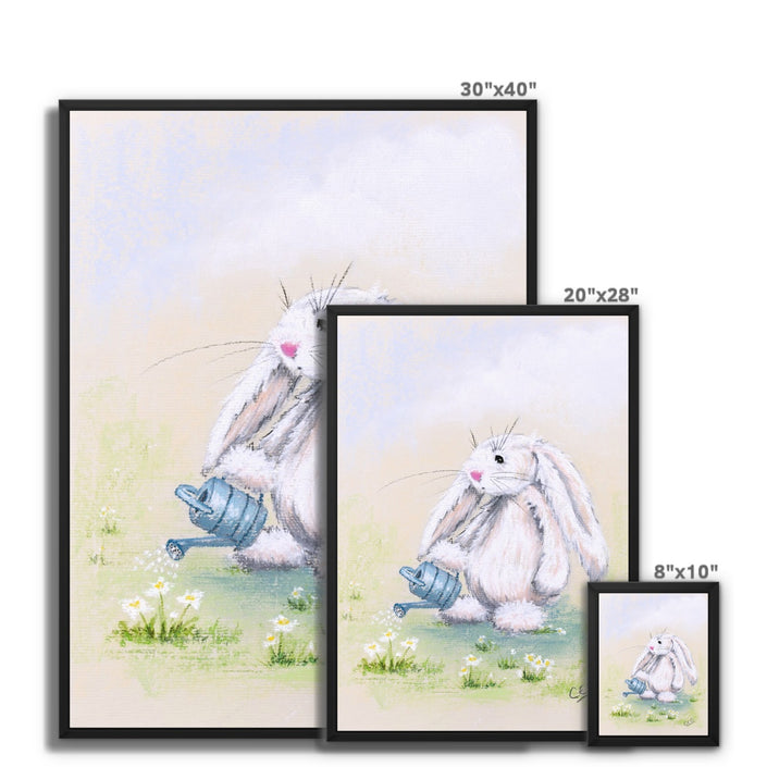 Adorable white rabbit nursery art. Canvas fine art prints in a black frame. Different sizes