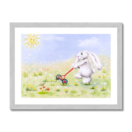 White rabbit, and flowers nursery fine art print in a silver frame. Landscape format.