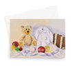 Brown teddy bear and white fluffy rabbit soft toys surrounded by baubles, art greeting card. Landscape orientation