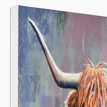 Highland Cow fine art canvas print. Close up of top corner and white wrap