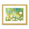 Fluffy dandelion seeds and grasses artwork. Fine art print with white border in a gold frame