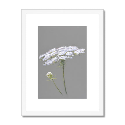 White and grey floral art print in white frame with white mount