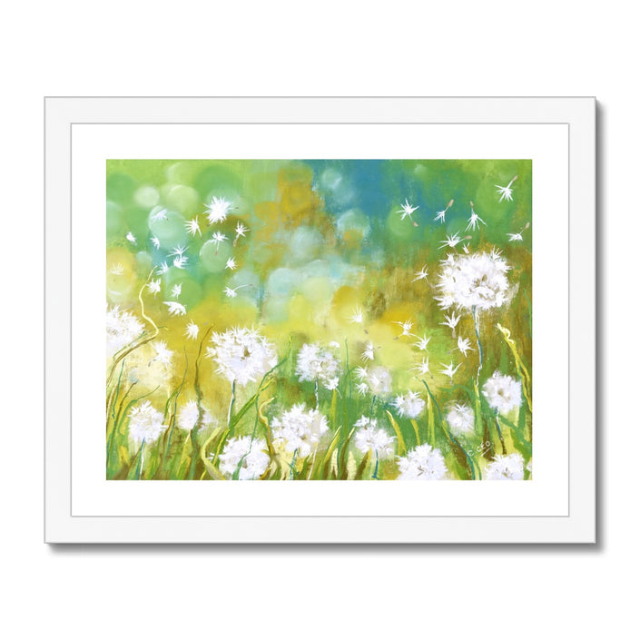 Dandelion seed heads and grasses artwork print in white frame. Landscape format.