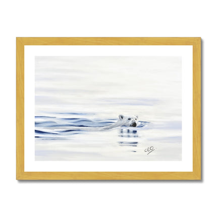 Polar Bear painting. Minimalism artwork print with a white border and a gold frame.