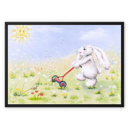 White flopsy rabbit, sunshine and meadow flowers fine art canvas artwork print within a black picture frame.