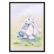 Fluffy white rabbit, watering can and daisy flowers painting. Canvas nursery art print in a modern black frame