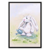 Fluffy white rabbit, watering can and daisy flowers painting. Canvas nursery art print in a modern black frame