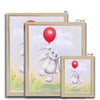 Adorable rabbit and red balloon, nursery framed fine art prints in a natural frame. Different sizes