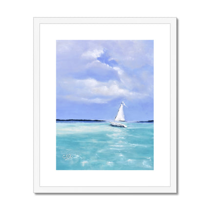 White Sailboat, summertime seascape fine art print in white frame with white mount. Portrait format