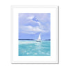 White Sailboat, summertime seascape fine art print in white frame with white mount. Portrait format