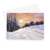 Snowy landscape at sunset, artwork greeting card. Landscape format