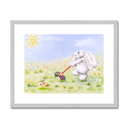 Rabbit and flowers nursery artwork print with silver frame and white mount.