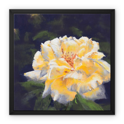 Elegant Yellow Rose artwork. Square canvas print with image wrap in a black picture frame. Ready to hang 