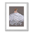 Beautiful woman in white dress, painting. Fine art print with white boarder and silver frame.