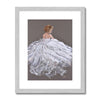 Beautiful woman in white dress, painting. Fine art print with white boarder and silver frame.