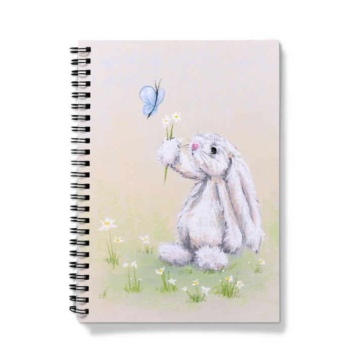 Adorable rabbit holding a bouquet of daisies up to a blue butterfly, art design, Vegan-friendly, notebook