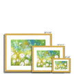 Dandelion seed heads and grasses artwork. Floral landscape fine art prints with white border in a gold frame