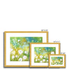 Dandelion seed heads and grasses artwork. Floral landscape fine art prints with white border in a gold frame