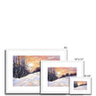 Snowy winter landscape at sunset painting. Fine art prints in white frames with white mount. Landscape format, different sizes