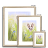 Rabbit in the meadow flowers. Nursery art prints with natural light wooden frame and a white mount. Different sizes