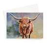 Colourful Scottish Highland Cow artwork greeting card. Landscape format