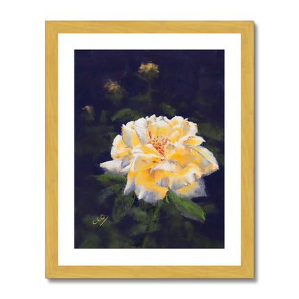 Yellow rose artwork print in gold frame.