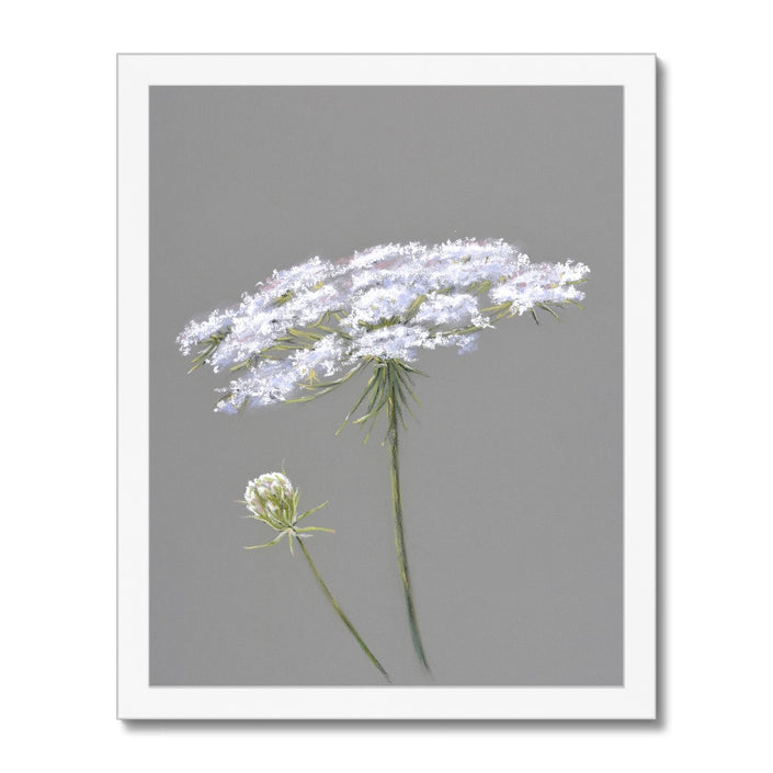 Single white flower on grey background. Artwork fine art print with white frame. Portrait orientation.