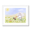 White Rabbit and meadow flowers fine art print with white border in a white frame. 