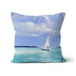 The White Sailboat artwork design throw pillows. Square. Linen. Blue and White