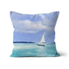 The White Sailboat artwork design throw pillows. Square. Linen. Blue and White