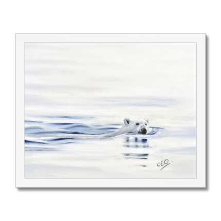 Polar Bear swimming in the ocean. Minimalist, realism fine art print with white frame. Landscape orientation.