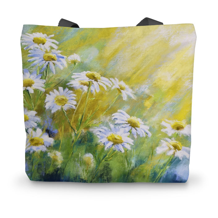 White daisy flower canvas tote bag. Pretty white and yellow ladies tote